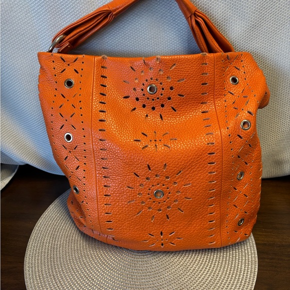 NWOT Furla burnt orange stamped leather and grommet hand satchel - Picture 3 of 3